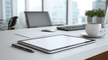 Fototapeta premium Professional Workspace with Tablet Laptop and Coffee on Clean Desk