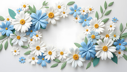 Obraz premium Floral wreath of blue and white daisies with green leaves on white background