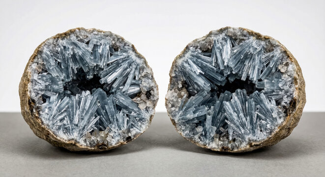 Geode with columnar celestine crystals showing pale blue color and vitreous luster.