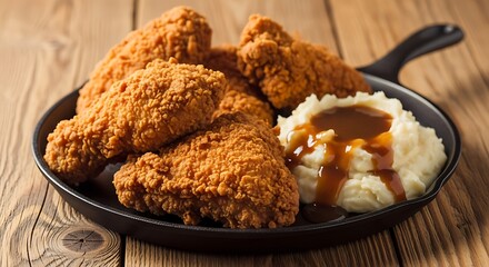 Golden, crispy fried chicken pieces are abundantly piled in a rustic cast iron skillet, accompanied by a generous dollop of creamy mashed potatoes drizzled with rich brown gravy.