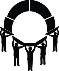Silhouette of people holding segments of a circular object together illustration vector