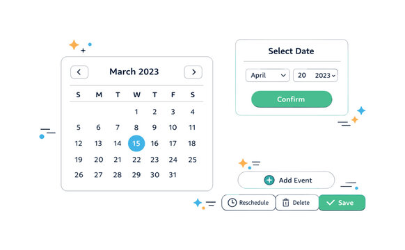 Minimalist Calendar UI Kit. Calendar app UI kit. A minimal UI layout combining calendar grid, date selector and action buttons, designed as a reusable and