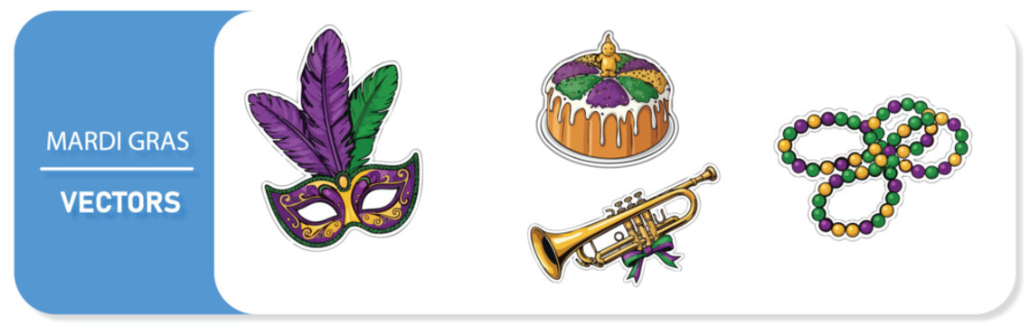 Vibrant Mardi Gras icons including mask, king cake, beads, and trumpet