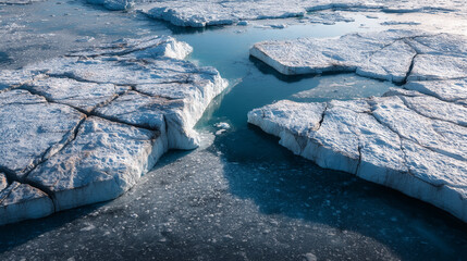 Aerial perspective of a vast glacial landscape with chunks of ice floating in deep blue arctic waters.