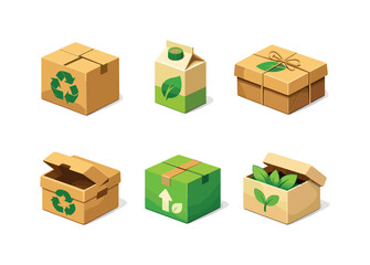 Fototapeta premium Eco Packaging Icons. Eco packaging. Isometric flat vector icons set of Eco packaging: recyclable cardboard box, eco friendly carton, sustainable packaging box,
