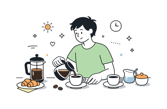 Relaxed Morning Coffee. Making breakfast coffee. Person pouring coffee and arranging cups, slow pace and relaxed morning atmosphere. Minimalist flat vector