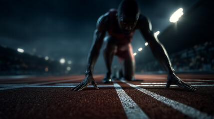 Dramatic low-angle shot of a sprinter at the starting blocks on a race track at night, illuminated by stadium lights.
