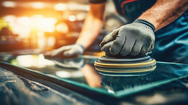 Close up of a mechanic technician using a professional tool to repair car windshield glass