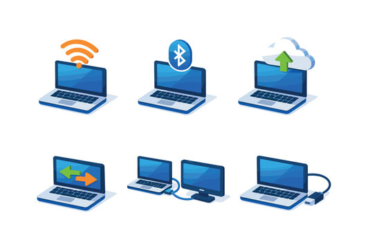 Laptop Connectivity Icons. Laptop connectivity. Isometric flat vector icons set of Laptop connectivity: laptop with wifi signal, laptop bluetooth connection,