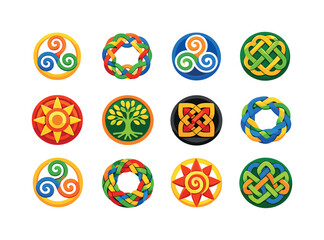 Obraz premium Celtic Circle Icons. Celtic Circles. Colorful flat vector icons set of Celtic Circles: triskelion ring, endless knot circle, Celtic spiral, woven circle