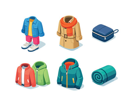 Transitional Fashion Icons. Transitional Fashion. Isometric flat vector icons set of Transitional Fashion: spring jacket outfit, scarf styled on coat, folded