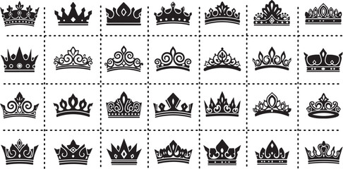 This versatile crown icon vector set includes a wide variety of styles, from classic royal king and queen symbols to modern, minimalist tiara and coronet designs, making it a highly trending asset.eps © topceptart