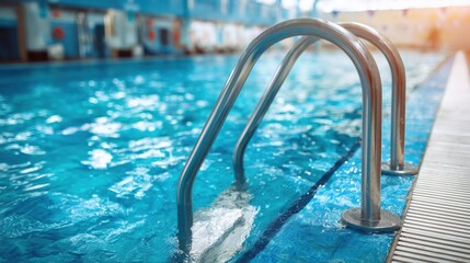 Metal ladder handrail in a bright indoor swimming pool with blue water and ripples