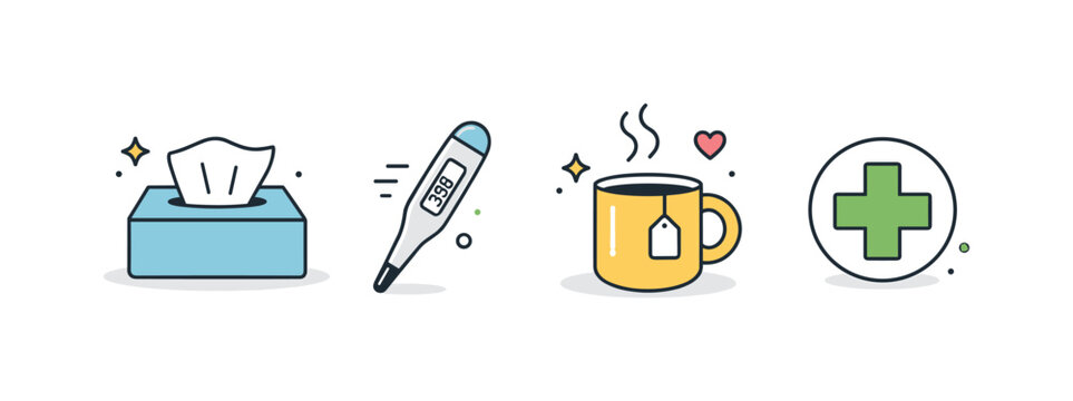 Flu Prevention Icons. Flu prevention icons. Minimal icon set including tissue box, thermometer, hot tea mug, and medical cross ? communicating flu season tips