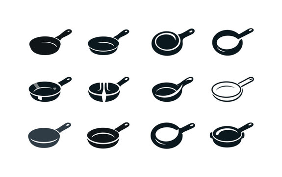 Frying Pan Handle Icons. Frying Pan Handle. Icon set. Set Logo of Frying Pan Handle: pan with ergonomic handle. harmonious logo variations of the