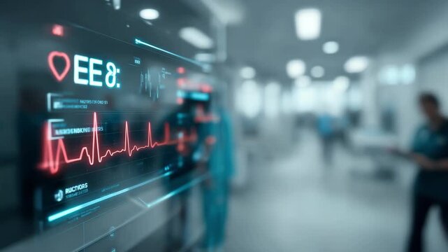 Medium shot focused on an AI interface generating risk notifications and recommendations with the healthcare environment intentionally blurred to stress digital care tools.