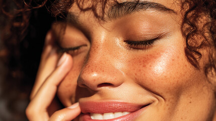 Intimate close-up of a woman's face with freckles, eyes closed, basking in warm sunlight and smiling blissfully.