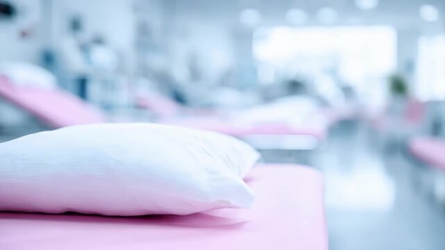 Organized layout in a large exam room with a focus on a clean exam table medical instruments in sharp detail and softly blurred seating area behind.