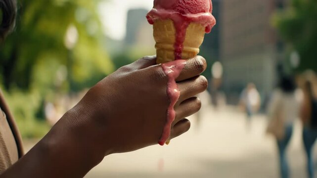 Close-up of a hand holding a melting strawberry ice cream cone in the city. Pink ice cream dripping on a hot summer day