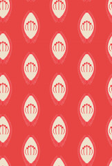 Stylized plants in the form of flowers on stems, the frame around them on a coral background forms a vector seamless pattern.