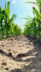 Obraz premium Vibrant summer field, Growing maize scene, Country farming tradition, Detailed leaf textures, Greenery in abundance, Agricultural roots, Future meal in making, Vegetable origins, Farming pride, Corn