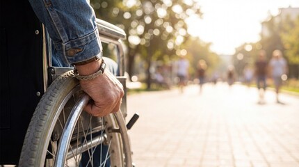 Naklejka premium close up of disabled man hand holding wheelchair wheel on sunny street. unrecognizable male person in denim jacket outdoors. disability and mobility concept. banner, website header with copy space.