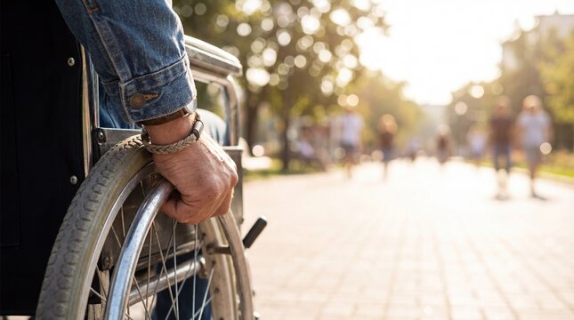 close up of disabled man hand holding wheelchair wheel on sunny street. unrecognizable male person in denim jacket outdoors. disability and mobility concept. banner, website header with copy space.