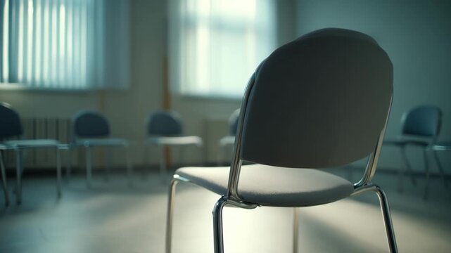 Medium shot capturing a single sturdy chair in the foreground of a crisis space with blurred pale walls and uncluttered setting to promote safety and calm.