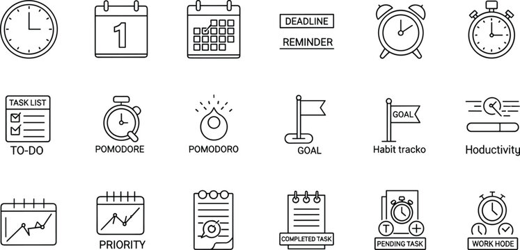 Collection of 20 Line-Art Productivity Icons Featuring Clocks, Calendars, Goals, and Task Management Tools for Time Efficiency Themes