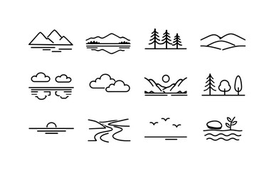Serene Landscape Icons. Serene landscape. Line icon set of Serene landscape: calm mountains, quiet lake, peaceful forest, gentle hills, still water reflection,