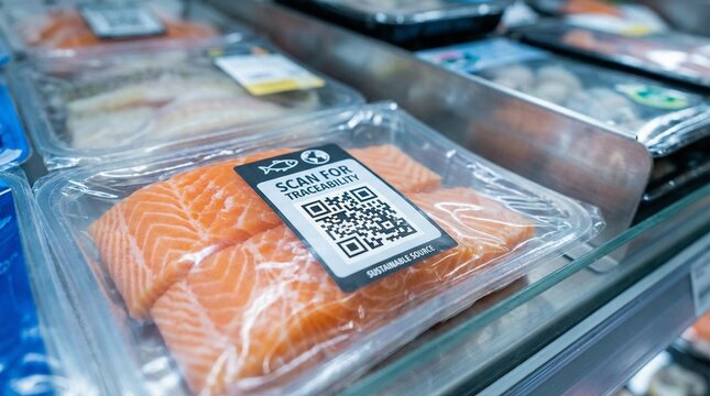 Packaged salmon fillets with QR code in supermarket display case  