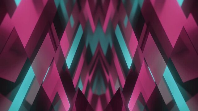 Abstract digital background featuring symmetric, overlapping geometric shapes in magenta and cyan.