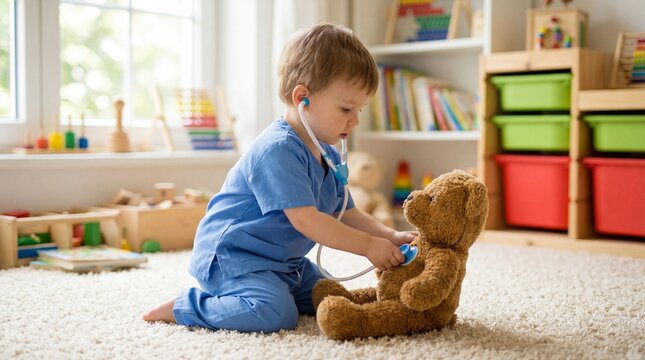 caucasian toddler boy in blue scrubs playing doctor with teddy bear on carpet. child using stethoscope for medical checkup game. healthcare career concept. banner, website header with copy space.