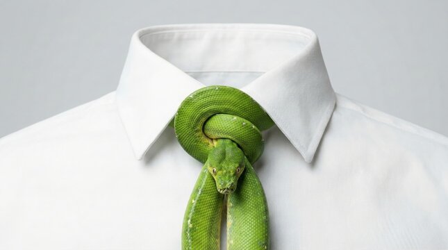 Businessman wearing a green snake instead of a tie concept