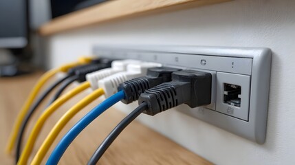 Close up of multiple colored network cables plugged into a silver data connection panel illustrating organized connectivity