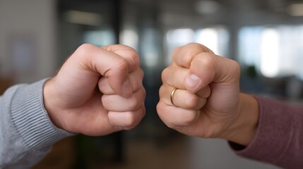 Two fists bumping together in a sign of agreement and camaraderie in an office setting