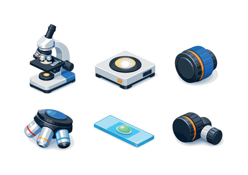 Colorful Microscopes Grid. Lab microscope. Isometric flat vector icons set of lab microscope: compound microscope close-up, illuminated microscope base, fine