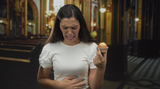 Young hispanic woman holds muffin and covers mouth in catholic church interior; disgust aversion nausea.