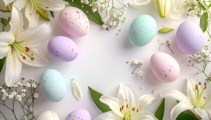 Easter Eggs and White Lilies Arrangement with Delicate Flowers on White Background © Mbk