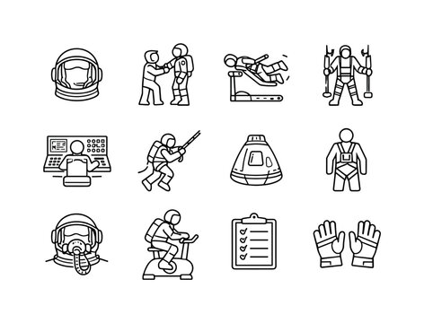 Cosmonaut Training Icons. Cosmonaut Training. Line icon set of Cosmonaut Training: helmet practice, suit fitting, treadmill in zero-g, weight simulation,