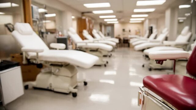 Organized layout in a large exam room with a focus on a clean exam table medical instruments in sharp detail and softly blurred seating area behind.
