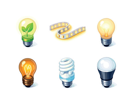 Isometric Light Grid. Energy light. Isometric flat vector icons set of energy light: glowing eco bulb, LED strip light glowing, bulb with soft glow, filament