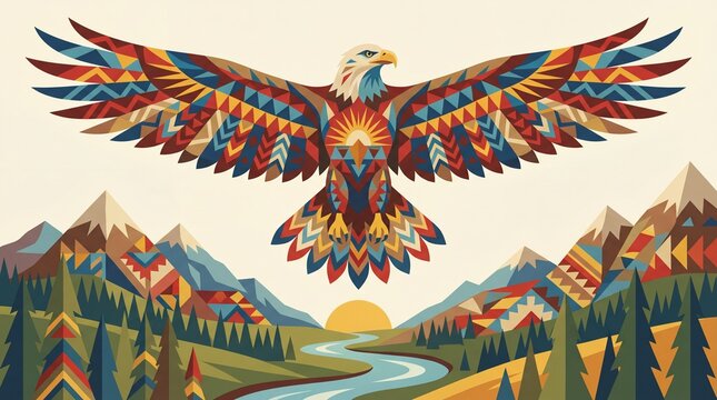 stylized geometric eagle flying with spread wings over mountain landscape. native american tribal ornament style. forest, river and sun background. banner, website header.