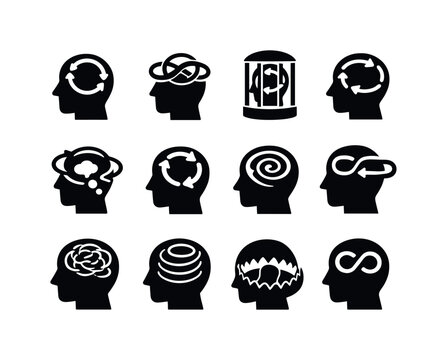 Mental Loops Icons. Mental Loops. Solid icon set of Mental Loops: head with circular arrows, looping thoughts head, trapped mind loop, repetitive thinking,
