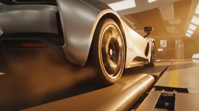 Silver luxury car on a chassis dynamometer for automobile tuning and performance test. Vehicle diagnostics for racing car.