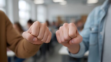 Two people s fists bumping together in a classroom setting symbolizing connection and greeting