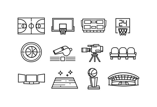 Basketball Court Line Icons. Professional Basketball Court. Line icon set of Professional Basketball Court: regulation court layout, NBA style hoop, glass