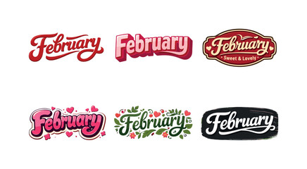 Obraz premium February Lettering Styles. February mood board. Set lettering. harmonious lettering variations of the same emblematic concept, each with different artistic