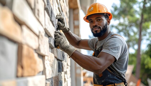 Obrero de la construcci&oacute;n colocando revestimiento de piedra en fachada exterior