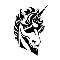 Cool unicorn portrait illustration with sunglasses showing fantasy magic playful attitude and bold modern black and white graphic design style for creative pop culture concepts.